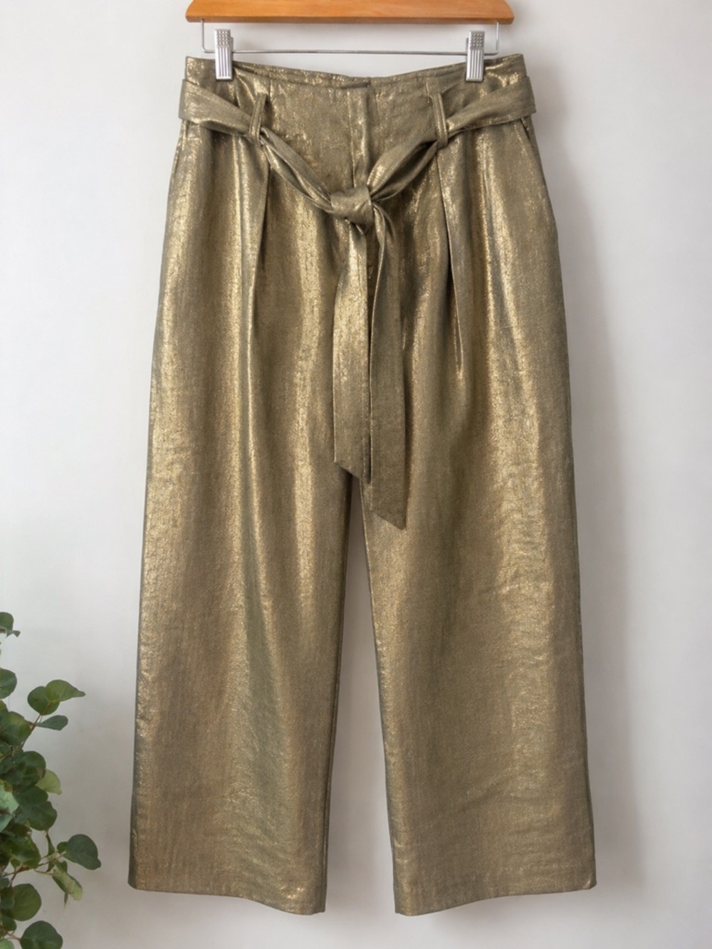 Lauren Ralph Lauren Metallic Olive Green 100% Linen Wide Leg Pants Size 2